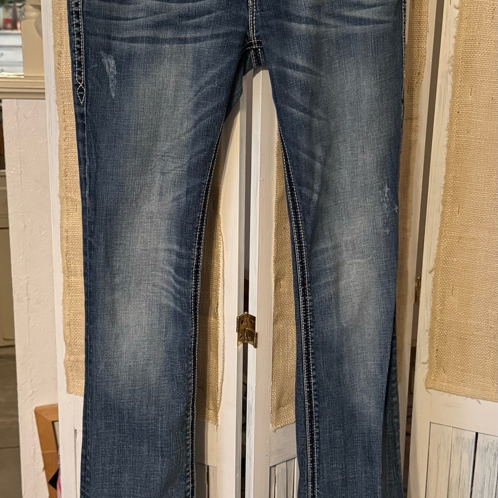 Rock Revival Alanis Blue Flare Wide Leg Distressed Jeans with Classic Denim Look